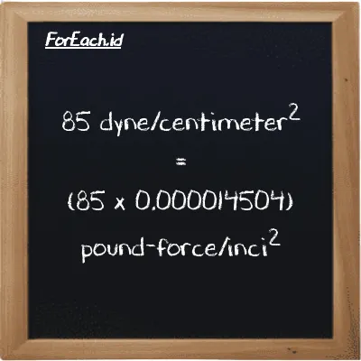 Cara konversi dyne/centimeter<sup>2</sup> ke pound-force/inci<sup>2</sup> (dyn/cm<sup>2</sup> ke lbf/in<sup>2</sup>): 85 dyne/centimeter<sup>2</sup> (dyn/cm<sup>2</sup>) setara dengan 85 dikalikan dengan 0.000014504 pound-force/inci<sup>2</sup> (lbf/in<sup>2</sup>)